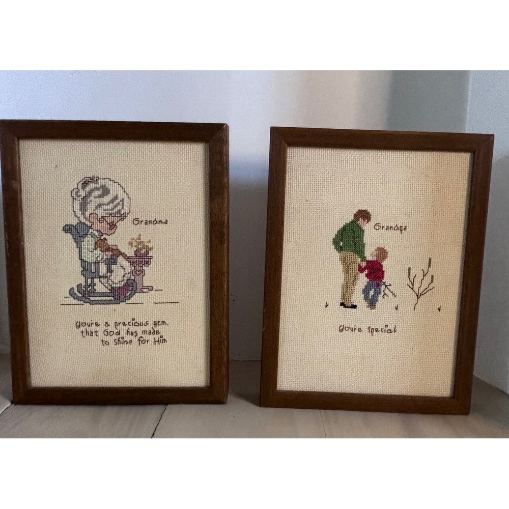 Vintage 1982 Handmade Grandma Grandpa Framed Cross Stitch Wall Art Set of 2 8x10